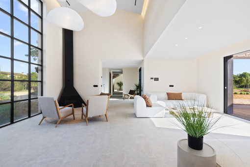 Bright living area with fireplace