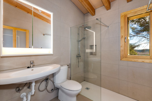 Bathroom with natural light and spacious shower