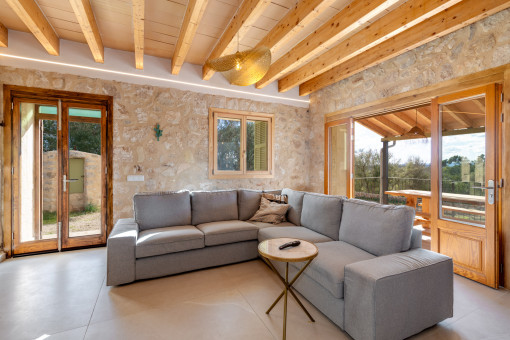 Cozy living area with large windows