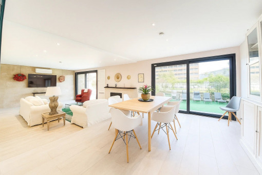 Bright dining room with open access to the living area
