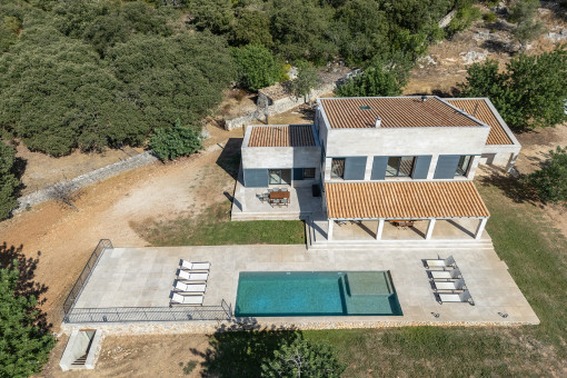 Aerial view of the finca and pool