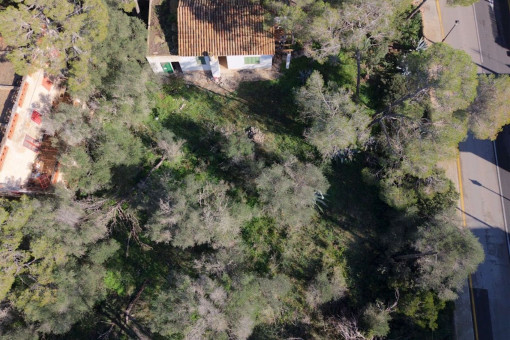 Aerial view of the bungalow and fenced plot