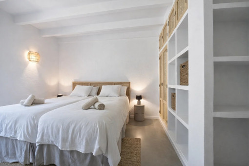 Bright bedroom with storage