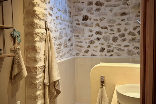 Bathroom with natural stone wall