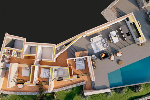 3D-Grundriss Untergeschoss mit Außenbereich