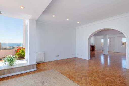 Living area with abundant light and city views