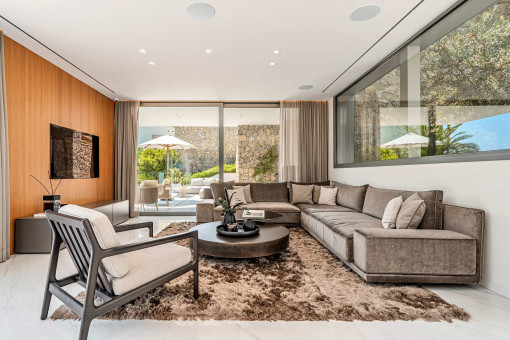 Modern living area with large window front