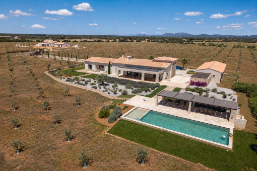 Aerial view of the estate with Mediterranean garden, pool and olive grove