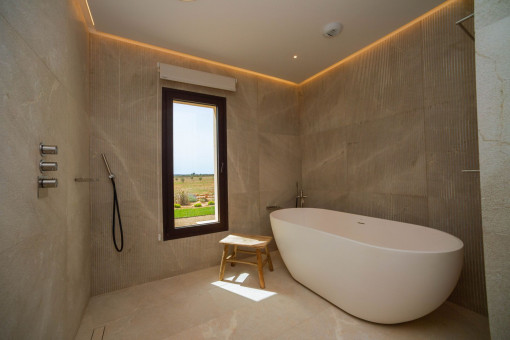 Master bathroom with natural stone finishes and bathtub