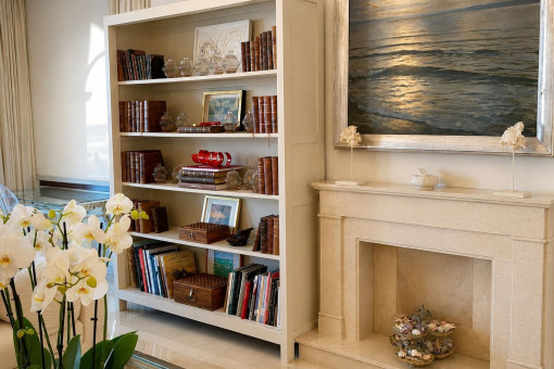 Library with fireplace