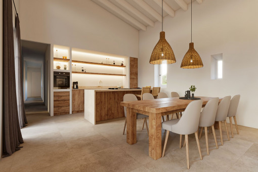 Open living and dining area with natural stone accents