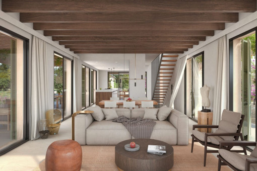 Living area with open kitchen and dining area
