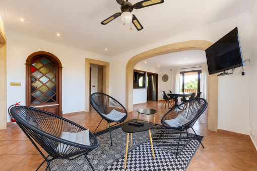 Spacious living room with dining area