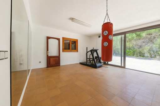 Home gym with punching bag and mirror