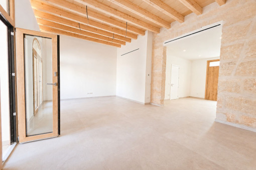 Bright living area with high ceilings