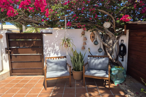 Shaded seating area beneath a flowering tree