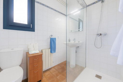 Bright modern bathroom with shower and toilet