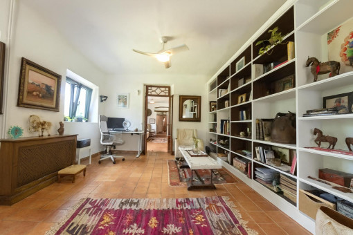 Cozy living room with bookshelves