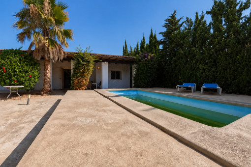 Pool terrace and villa facade