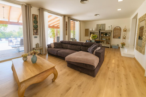 Spacious living room with large windows