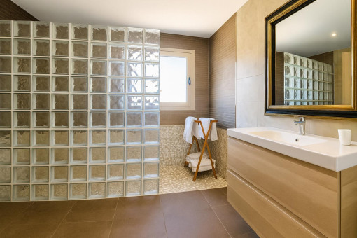 Modern bathroom with glass block shower