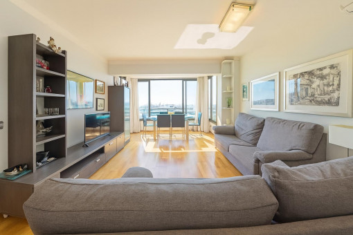 Bright living room with dining area