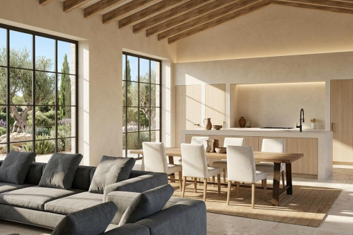 Rendering of the living area with open-plan kitchen