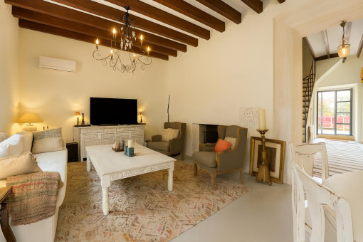 Cozy living room with rustic beams