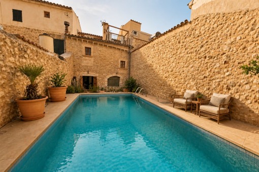 Private pool with rustic stone wall and seating