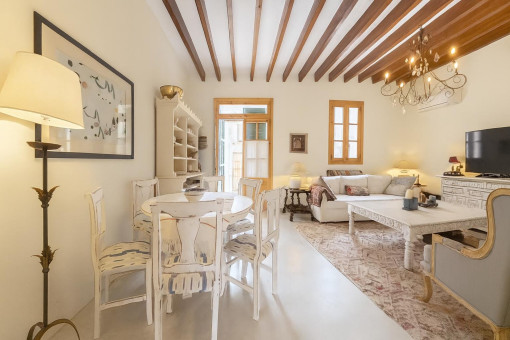 Bright rustic living and dining room