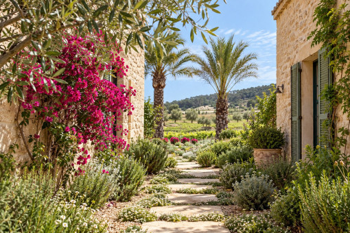 Mediterranean garden with natural stone pathways