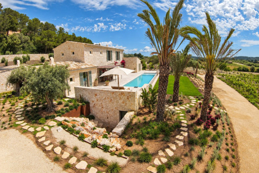 Aerial view of the pool and landscaped garden