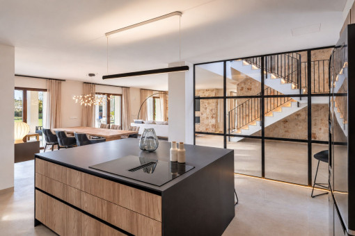 Elegant Black Kitchen with Natural Wood Accents