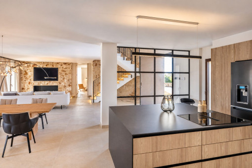 Elegant Black Kitchen with Natural Wood Accents